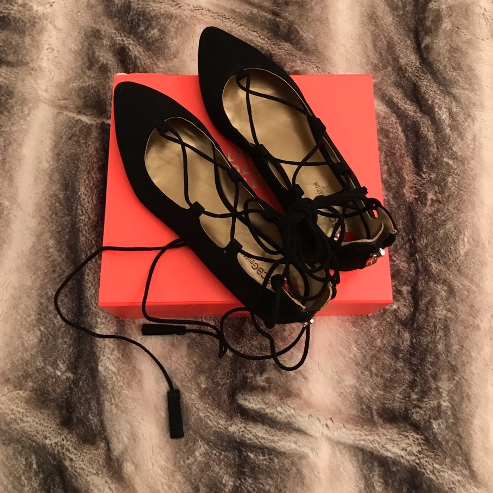 BCBG black suede ankle tie flats